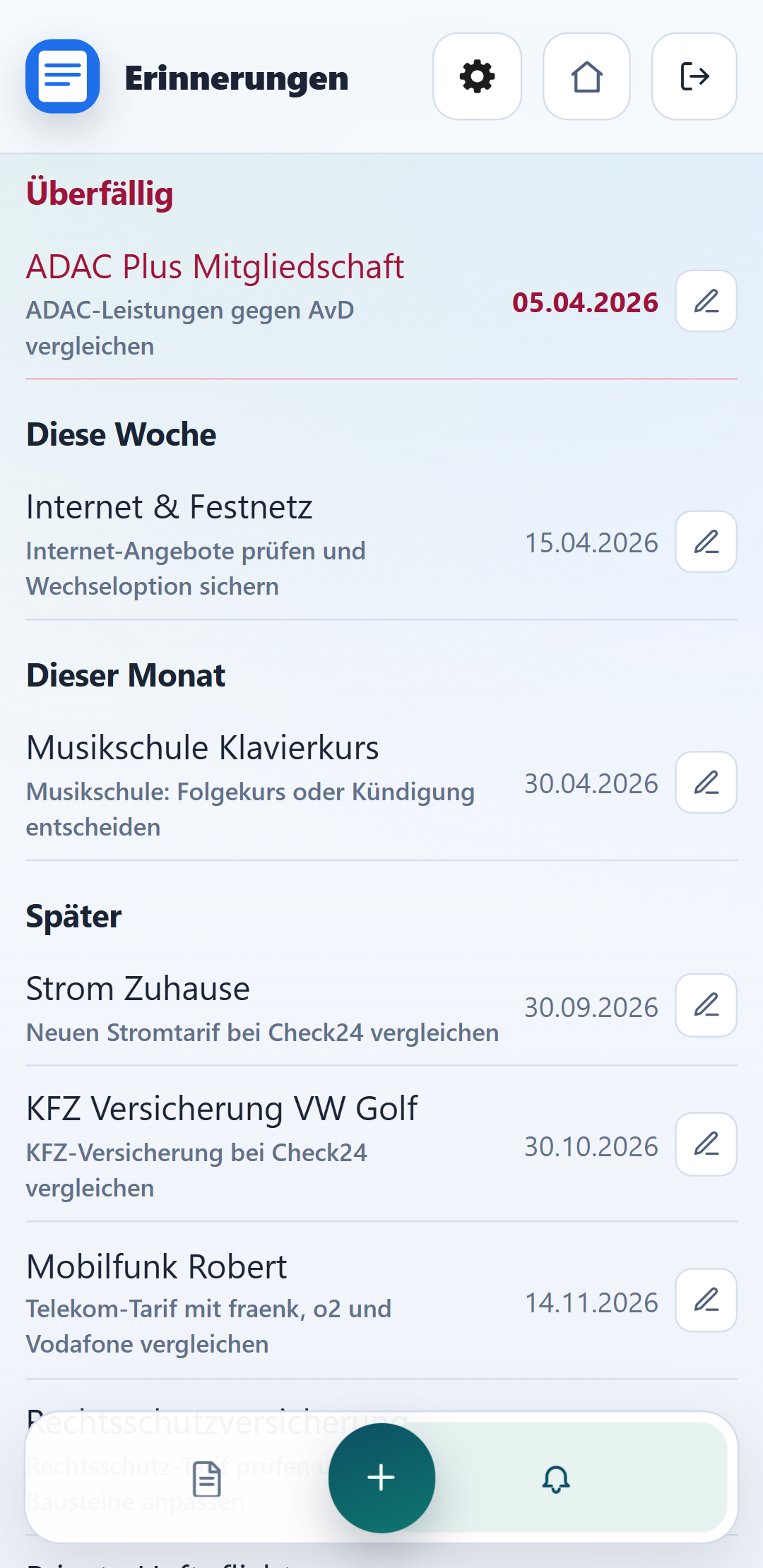 Screenshot Erinnerungen und Fristen in vertragsmanager.app
